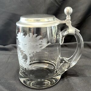 Vintage German Beer Stein Pewter Lid W/Glass Etched Grouse and Trees